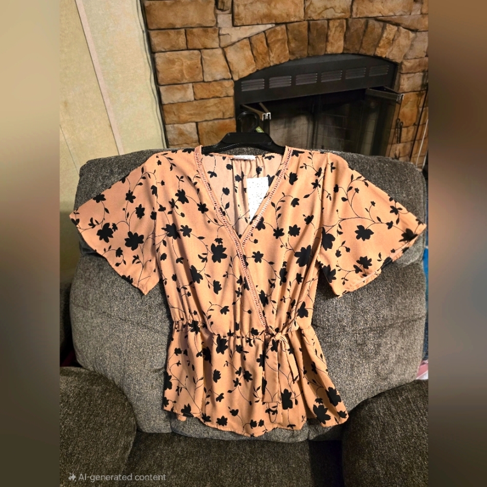 Sienna Sky Tan and Black Peplum Floral Blouse
